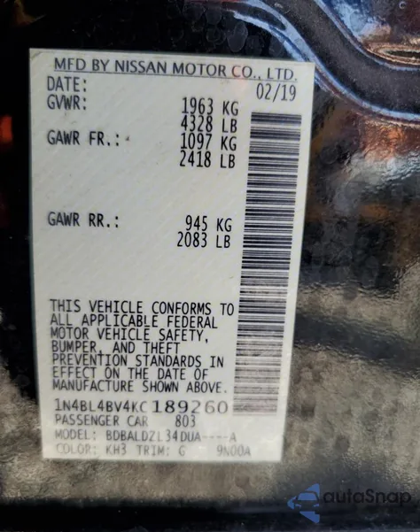 2019 Nissan Altima S from USA, damaged, VIN 1N4BL4BV4KC189260